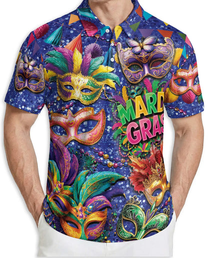 Mardi Gras Carnival Mask Polo Shirt for Men-Colorful Festival Feather Mask | Netecom