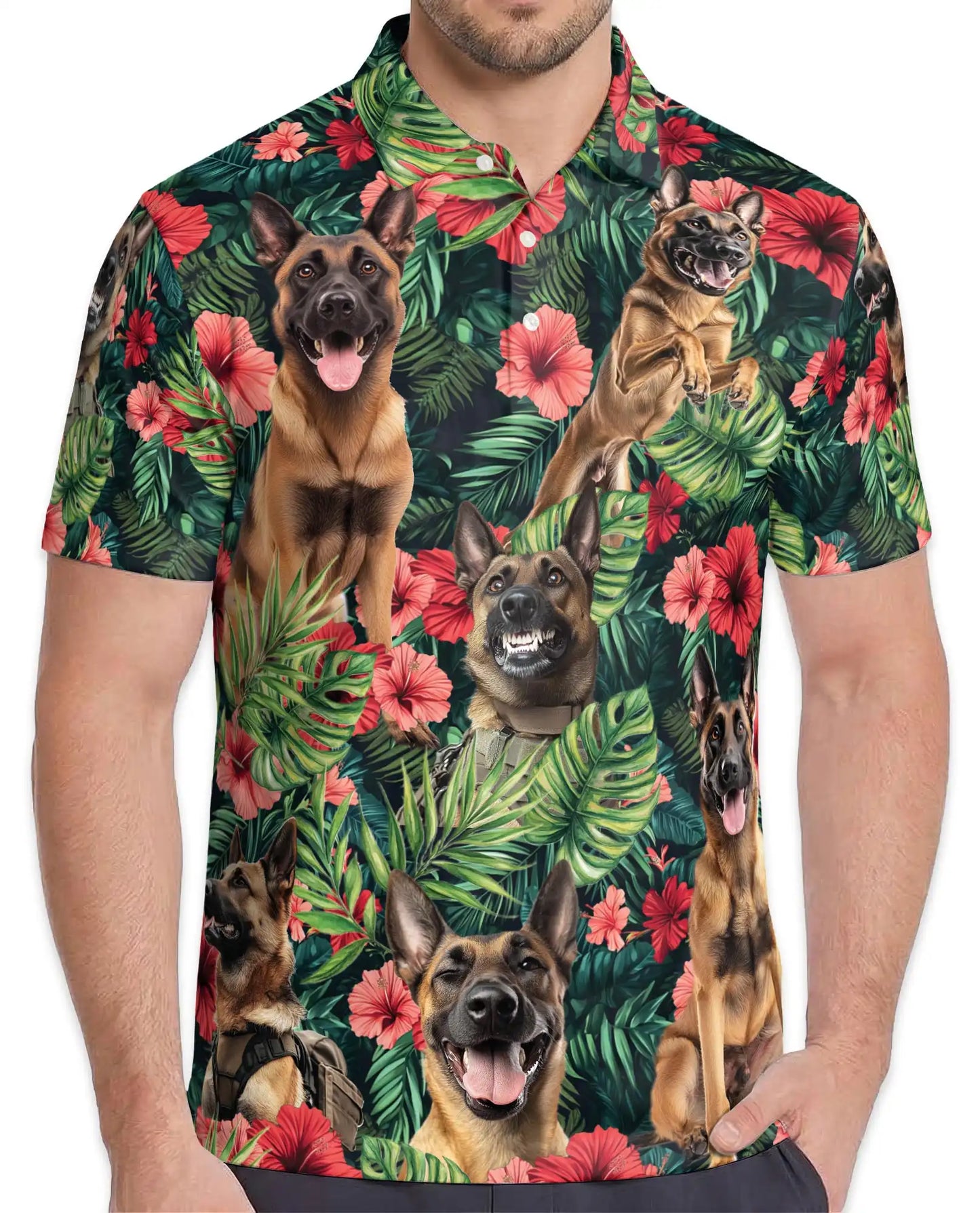 Belgian Malinois Tropical Polo Shirt - Hawaiian Dog Lover Floral Design | Netecom