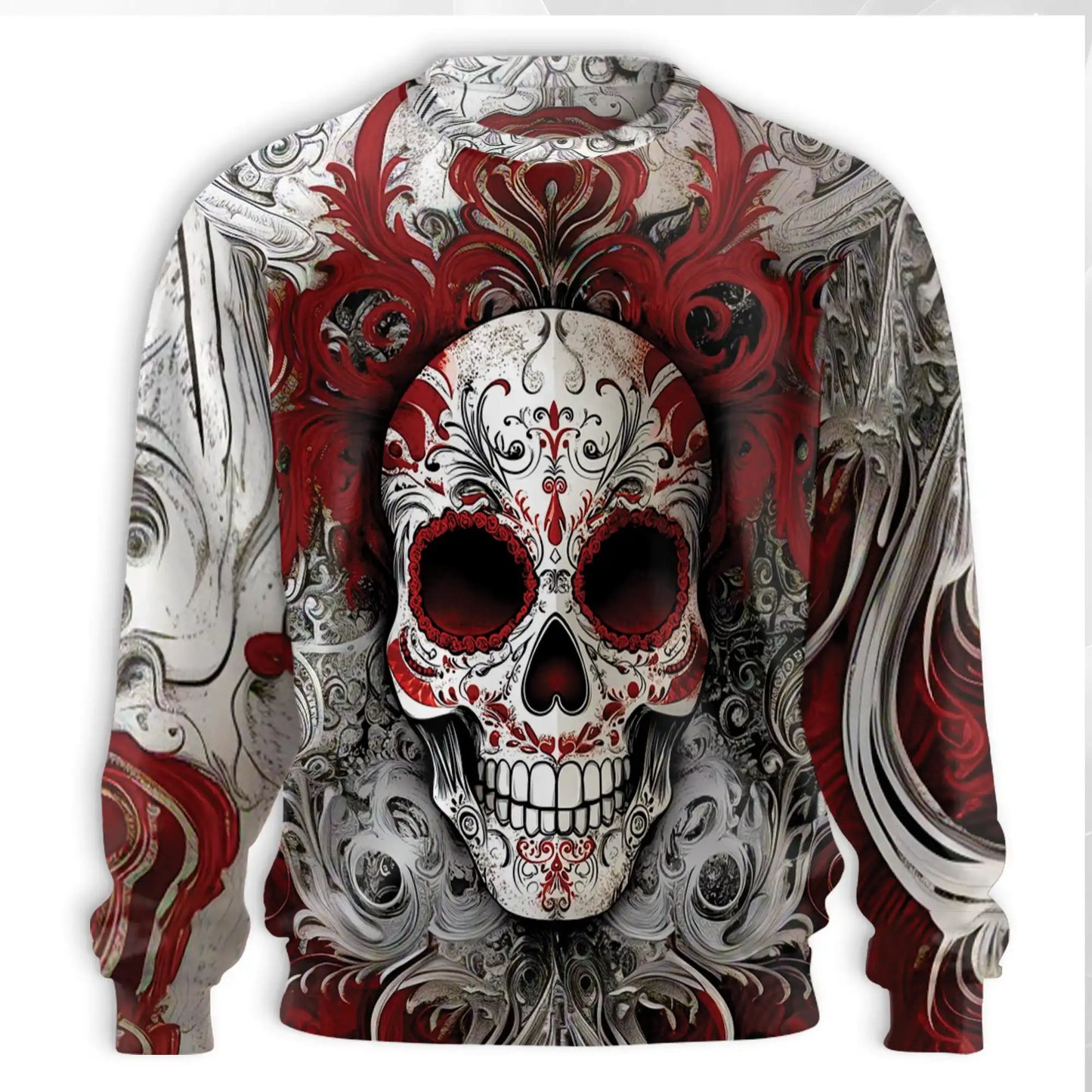 Floral Sugar Skull Sweatshirt, 3D All Over Print Red Day of the Dead Crewneck Pullover for Men Women, Sugar Skull Lover Gift - Netecom