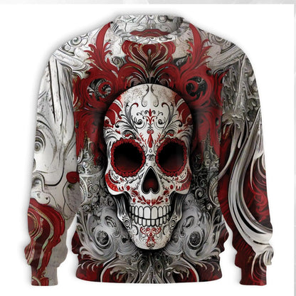 Floral Sugar Skull Sweatshirt, 3D All Over Print Red Day of the Dead Crewneck Pullover for Men Women, Sugar Skull Lover Gift - Netecom