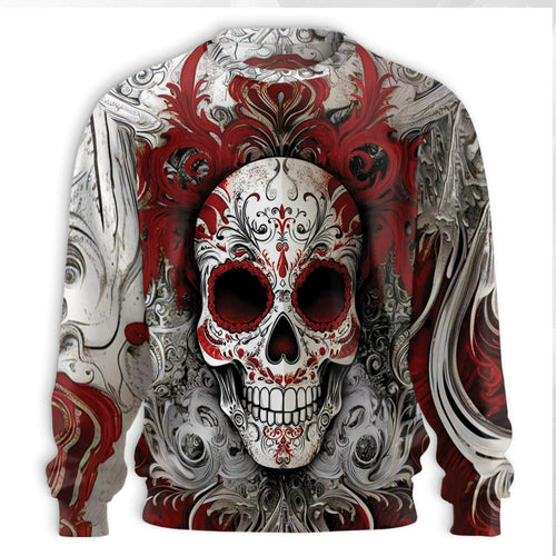 Floral Sugar Skull Sweatshirt, 3D All Over Print Red Day of the Dead Crewneck Pullover for Men Women, Sugar Skull Lover Gift - Netecom