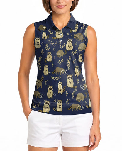 Raccoon Pattern Sleeveless Polo Shirt for Women – Cute Wildlife Style | Netecom
