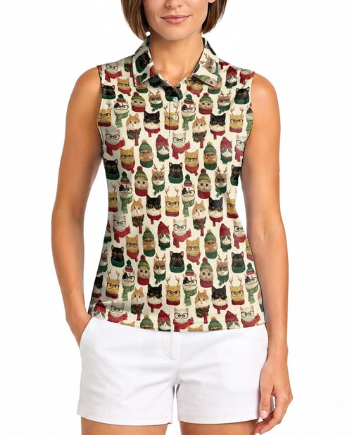 Christmas Cat Pattern Sleeveless Polo Shirt for Women | Netecom