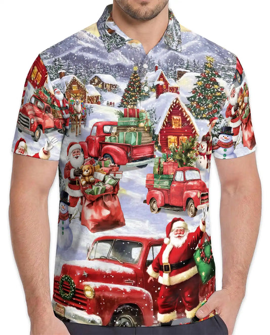 Vintage Christmas Truck 3D Polo Shirt for Men – Santa Holiday Village Style | Netecom