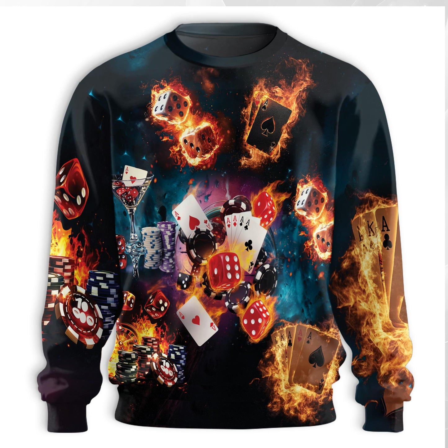 Burning Dice Poker Sweatshirt, 3D All Over Print Casino Gaming Crewneck Pullover for Men Women, Poker Player Gift - Netecom