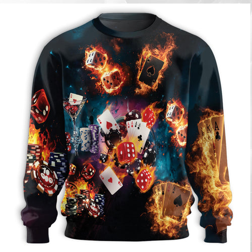 Burning Dice Poker Sweatshirt, 3D All Over Print Casino Gaming Crewneck Pullover for Men Women, Poker Player Gift - Netecom