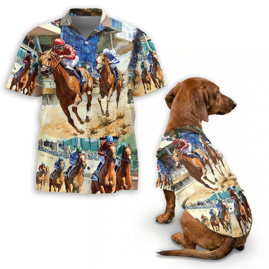 Netecom Matching Horse Racing Hawaiian Shirt for Dog and Owner, Aloha Summer Shirt, Horse Art Print Button Down Outfit for Pet and Human, Beach Vacation Casual Wear