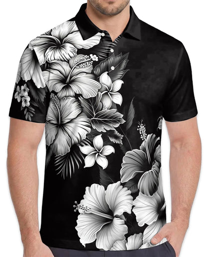 Black White Hibiscus Polynesian Polo Shirt for Men – Tribal Island Style | Netecom