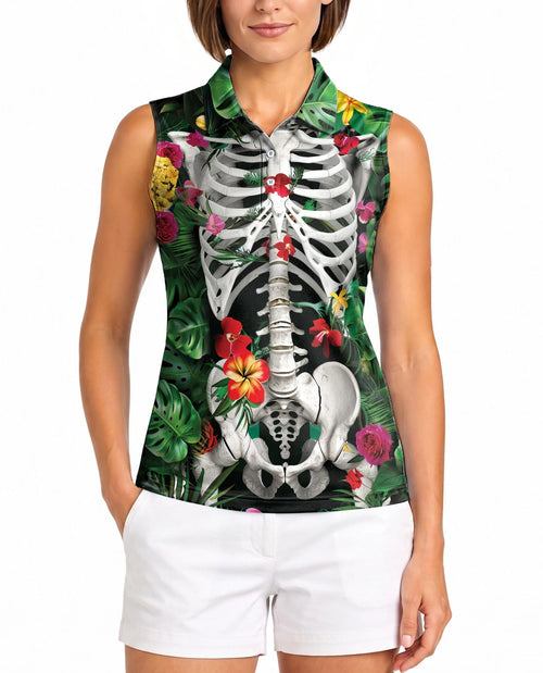 Tropical Floral Skeleton Print Sleeveless Polo Shirt for Women | Netecom