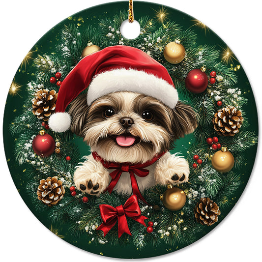 Netecom Cute Shih Tzu Christmas Ornament, Dog Santa Hat Ceramic Ornament for Xmas Tree Hanging Decorations Gift, Puppy Lover Gifts, Home Decor, Holiday Party Present