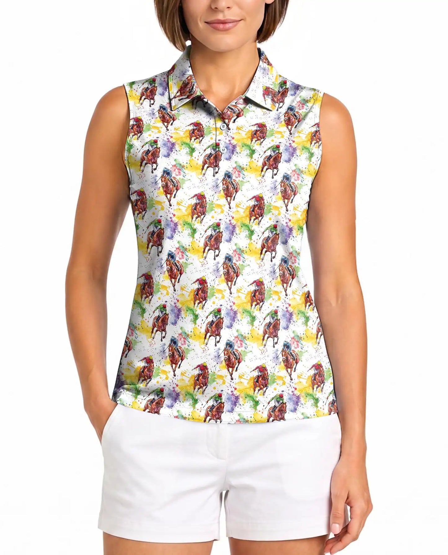 Horse Racing Pattern Sleeveless Polo Shirt for Women – Equestrian Sport Style | Netecom