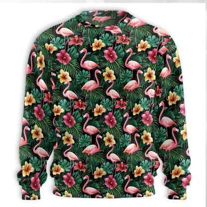 Flamingo Hibiscus Sweatshirt, 3D All Over Print Tropical Bird Floral Crewneck Pullover for Men Women, Flamingo Lover Gift - Netecom