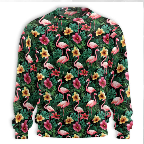 Flamingo Hibiscus Sweatshirt, 3D All Over Print Tropical Bird Floral Crewneck Pullover for Men Women, Flamingo Lover Gift - Netecom