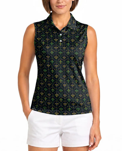 Fleur-de-lis Purple Green Sleeveless Polo Shirt for Women | Netecom