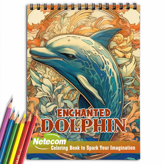 Enchanted Dolphin Spiral Bound Coloring Book, Dive into the World of 25+ Adorable Illustrations | Relaxation, Mindfulness, and Fun for All Ages | Perfect Gift for Dolphin Lovers