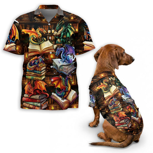 Netecom Matching Dragon Book Hawaiian Shirt for Dog and Owner, Aloha Summer Shirt, Dragon Reading Print Outfit for Pet and Human, Beach Vacation Casual Wear