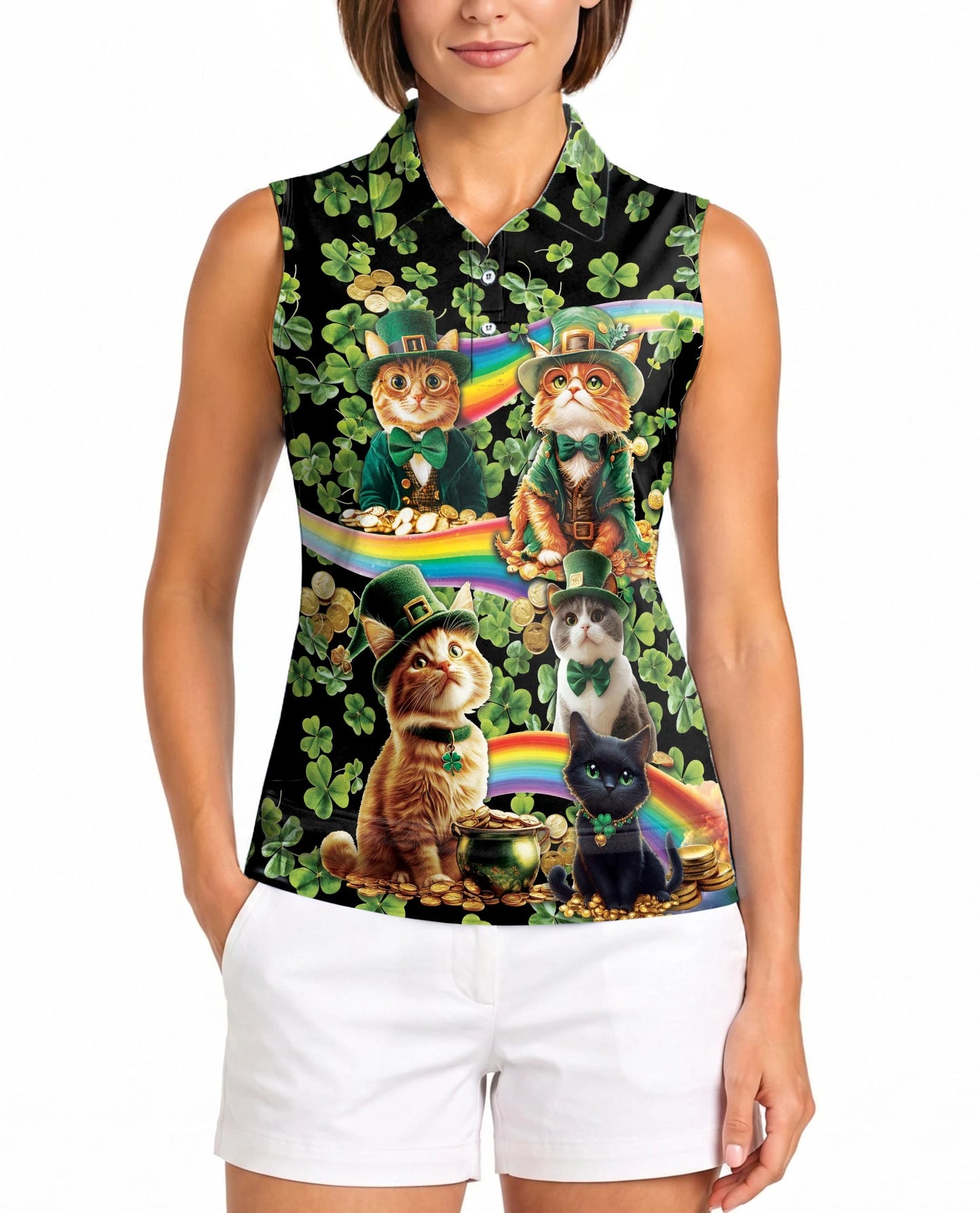 Saint Patrick's Day Cats Shamrocks Sleeveless Polo Shirt for Women | Netecom