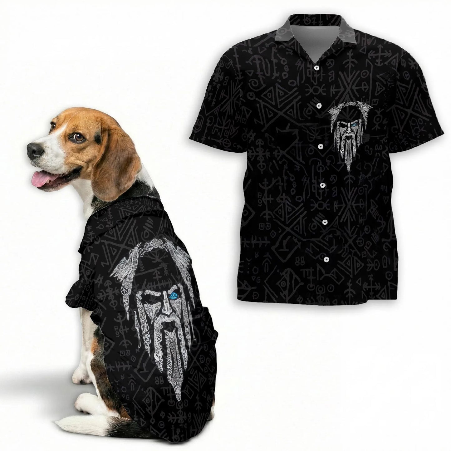 Vintage Viking Odin Fenrir Tattoo Print Hawaii Dog and Owner Matching Button Shirts