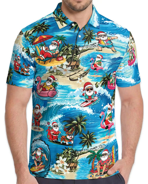 Tropical Santa Beach Christmas Polo Shirt for Men-Surfing Santa Hawaiian | Netecom