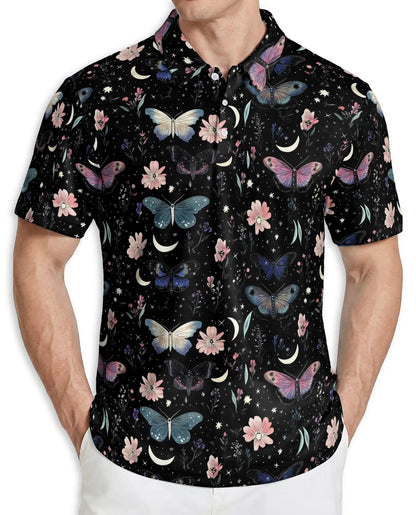 Butterfly Night Sky Polo Shirt – Moon & Floral Style | Netecom