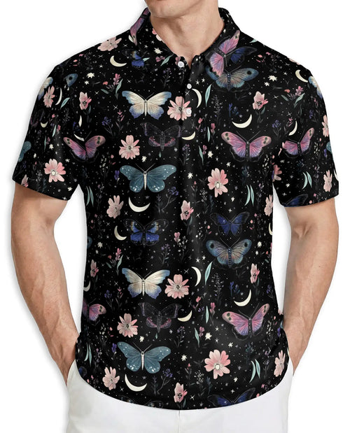 Butterfly Night Sky Polo Shirt – Moon & Floral Style | Netecom