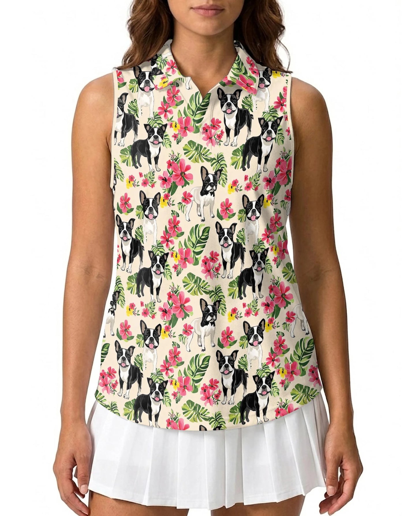 Boston Terrier Floral Sleeveless Polo Shirt for Women – Cute Dog Style | Netecom