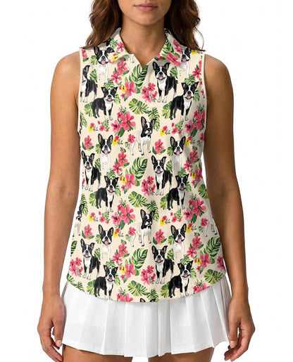 Boston Terrier Floral Sleeveless Polo Shirt for Women – Cute Dog Style | Netecom