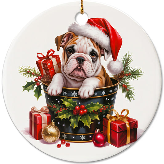 Netecom Cute Bulldog in Bucket Ornament, Dog with Santa Hat Ceramic Ornament for Christmas Tree Hanging Decorations Gift, Puppy Lover Gifts, Home Decor, Holiday Party Present