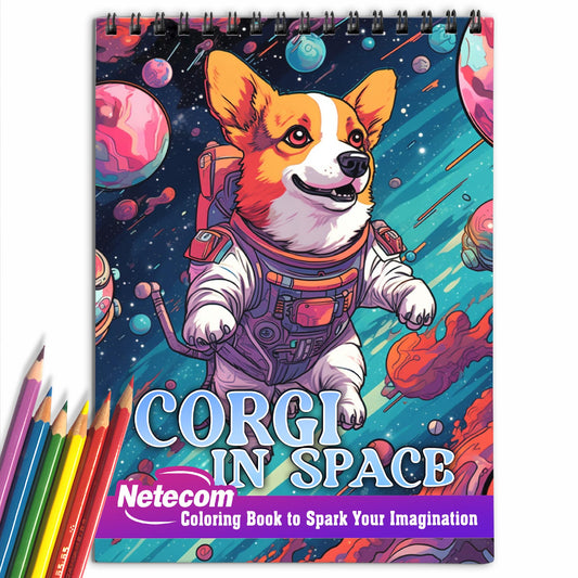 Corgi In Space Spiral Bound Coloring Book, Indulge in 30 Cosmic Coloring Pages, Portraying Corgis with Fluffy Tails amidst Glittering Stars and Nebulas