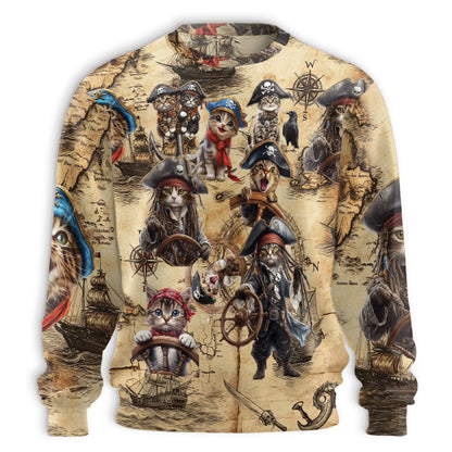 Colorful Pirate Cat Sweatshirt, 3D All Over Print Funny Cat Crewneck Pullover for Men Women, Pirate Cat Lover Gift - Netecom
