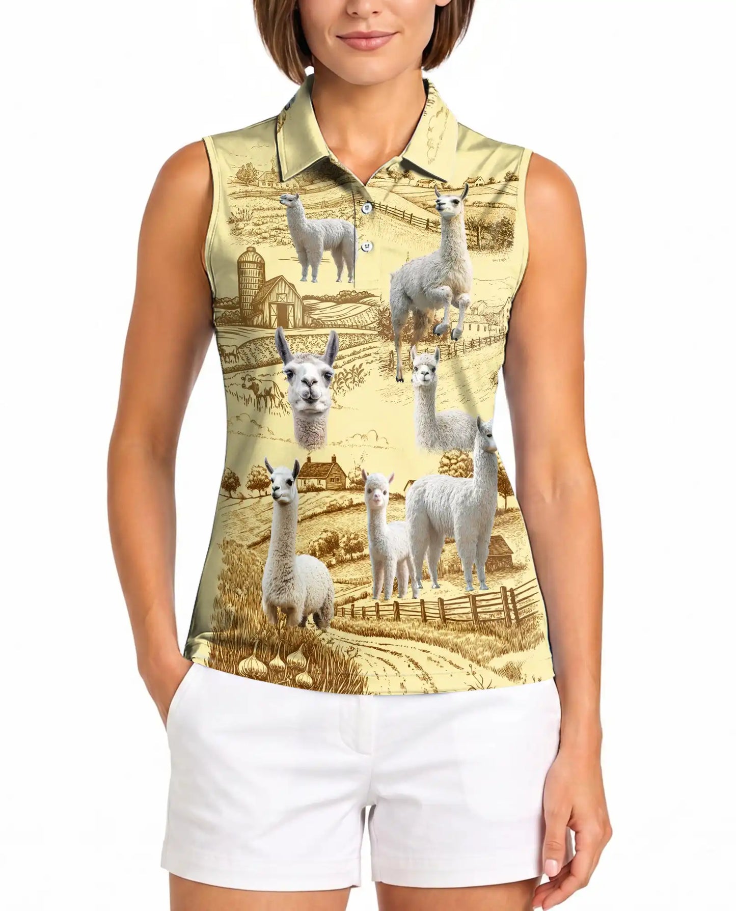 Llama Lovers Farm Sleeveless Polo Shirt for Women – Cute Farm Animal Style | Netecom