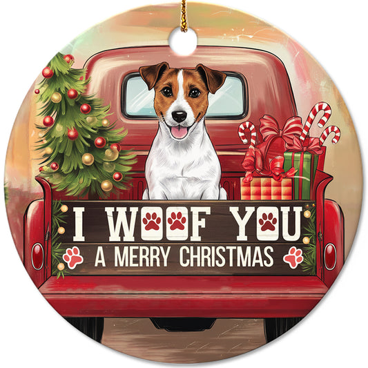 Netecom Adorable Jack Russell Terrier Dog in Vintage Truck Ornament, I Woof You a Merry Christmas Ceramic Ornament for Christmas Tree Hanging Decorations Gift, Puppy Lover Gift, Xmas Decoration Present