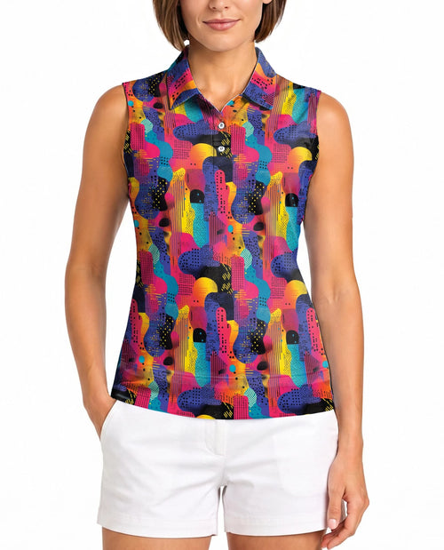 80s Memphis Pattern Sleeveless Polo Shirt for Women | Netecom