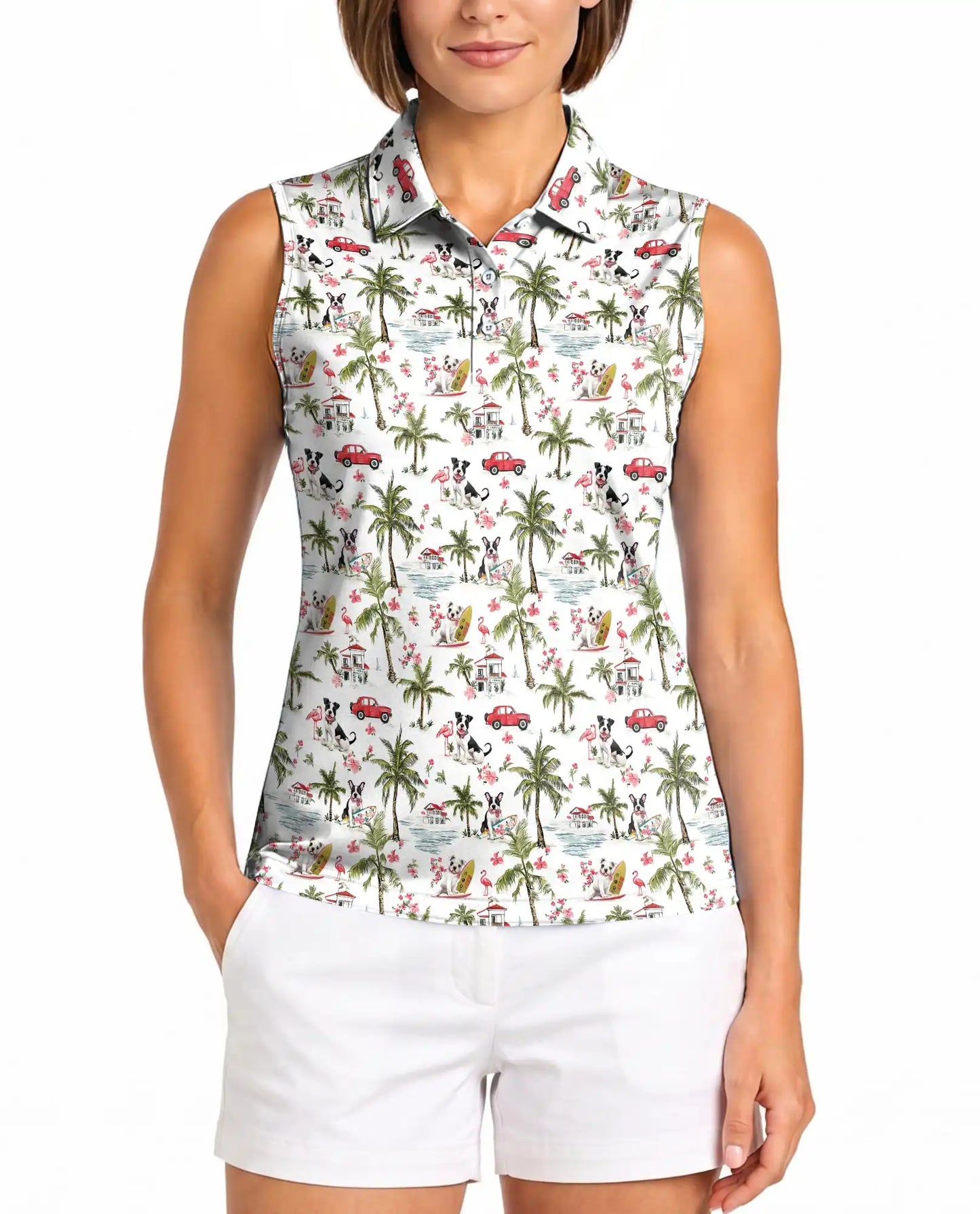 Boston Terrier Tropical Pattern Sleeveless Polo Shirt for Women | Netecom