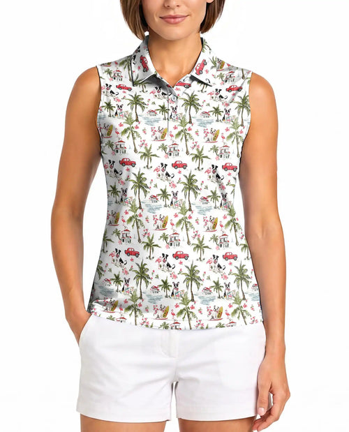 Boston Terrier Tropical Pattern Sleeveless Polo Shirt for Women | Netecom