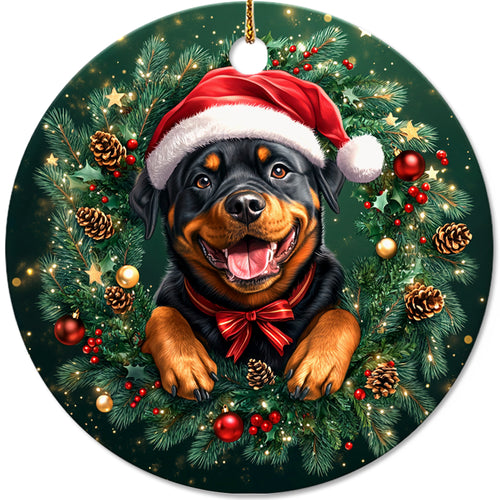 Netecom Cute Rottweiler in Santa Hat Christmas Ornament, Rottie Dog Ceramic Ornament for Xmas Tree Hanging Decorations Gift, Puppy Lover Gifts, Home Decor, Holiday Party Present