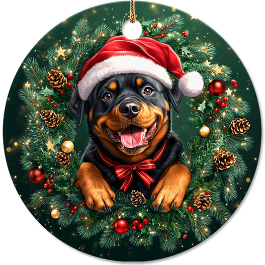 Netecom Cute Rottweiler in Santa Hat Christmas Ornament, Rottie Dog Ceramic Ornament for Xmas Tree Hanging Decorations Gift, Puppy Lover Gifts, Home Decor, Holiday Party Present