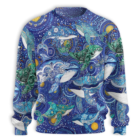 Aboriginal Dot Art Whale Sweatshirt, 3D All Over Print Indigenous Ocean Art Crewneck Pullover for Men Women, Whale Lover Gift - Netecom