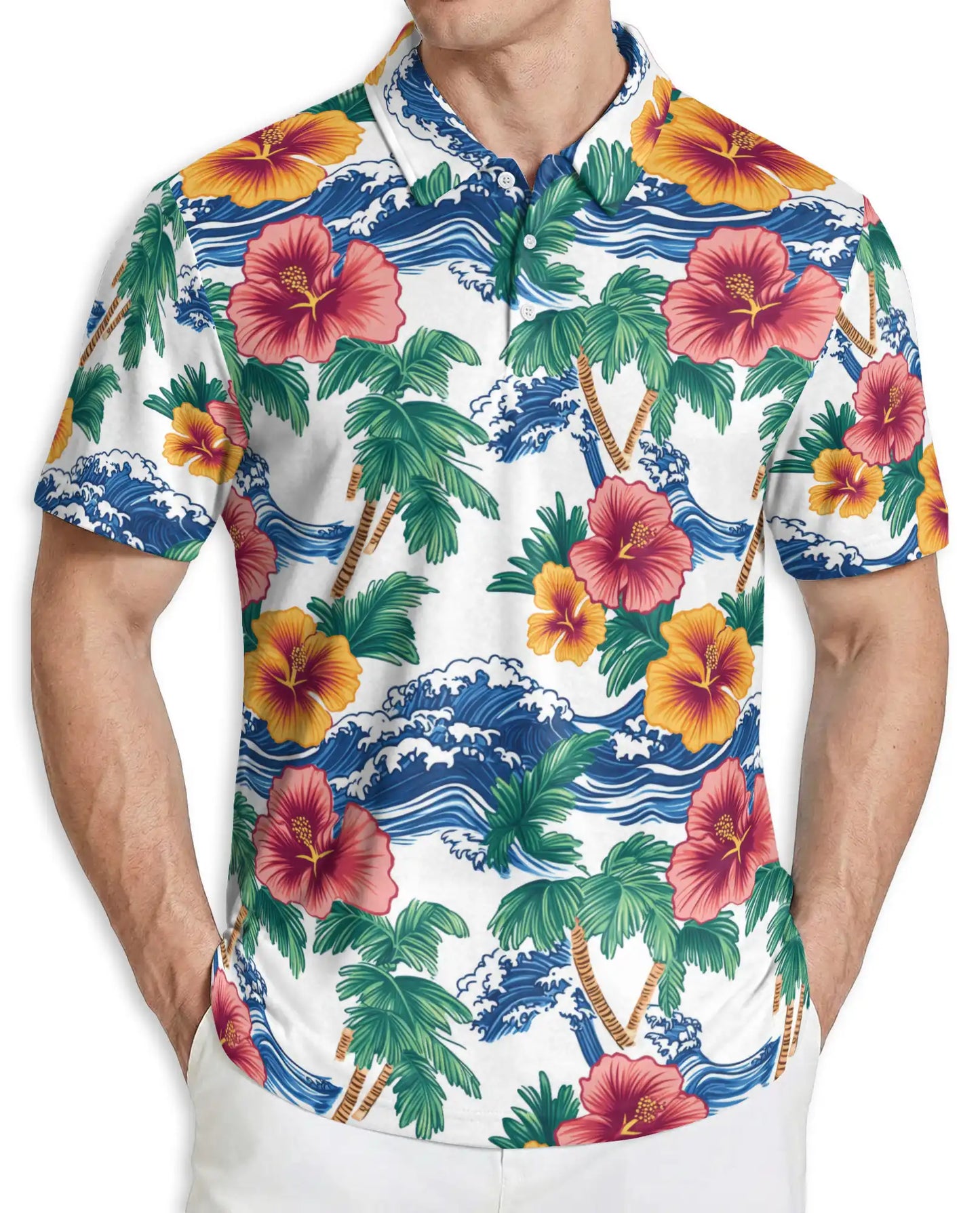 Hawaiian Polo Shirt – Palm Tree Wave Hibiscus Print | Netecom