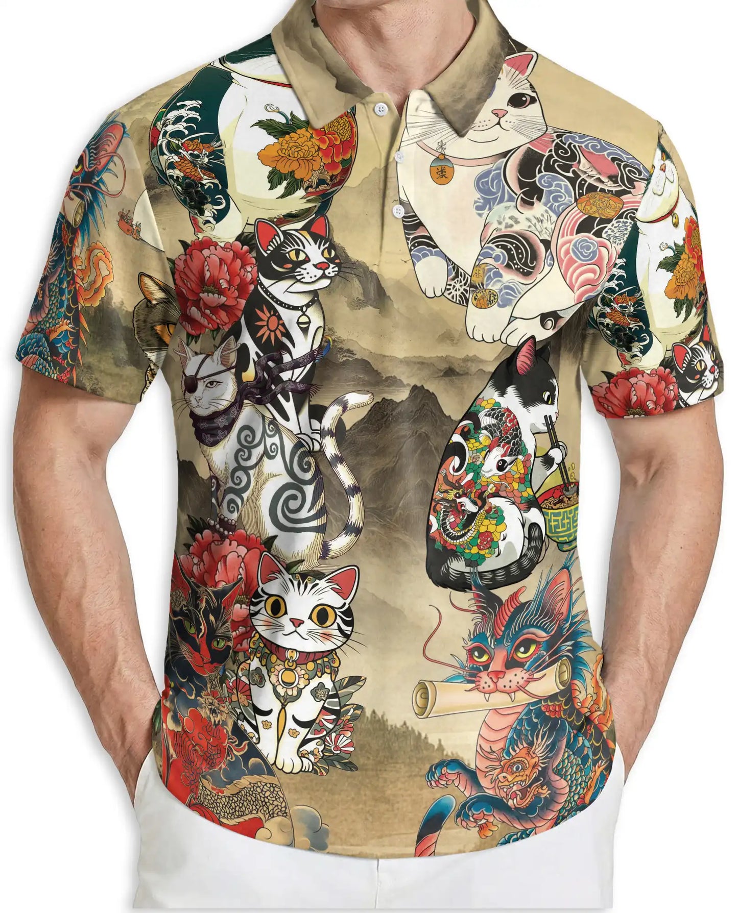 Japanese Tattoo Cat 3D Polo Shirt for Men – Asian Dragon Art Style | Netecom
