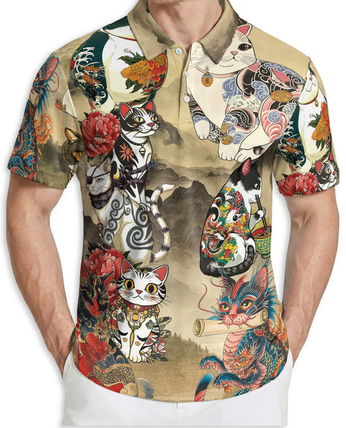 Japanese Tattoo Cat 3D Polo Shirt for Men – Asian Dragon Art Style | Netecom