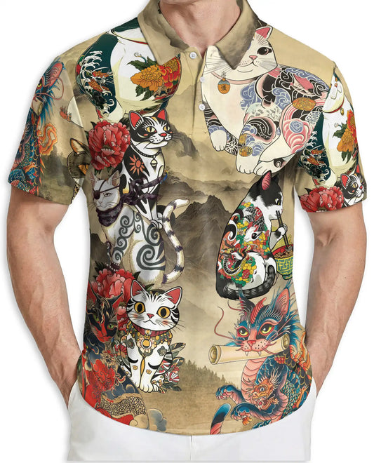 Japanese Tattoo Cat 3D Polo Shirt for Men – Asian Dragon Art Style | Netecom