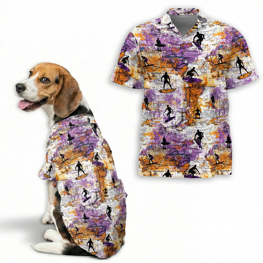 Surfing Summer Print Hawaii Dog and Owner Matching Button Shirts