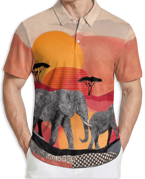 African Elephant Polo Shirt – Safari Sunset Wildlife Print | Netecom