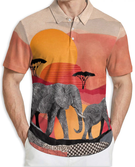 African Elephant Polo Shirt – Safari Sunset Wildlife Print | Netecom