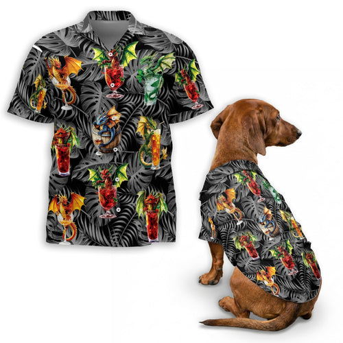 Netecom Matching Dragon Cocktail Hawaiian Shirt for Dog and Owner, Tropical Aloha Summer Shirt, Dragon Drink Print Button Down Outfit for Pet and Human, Beach Vacation Casual Wear