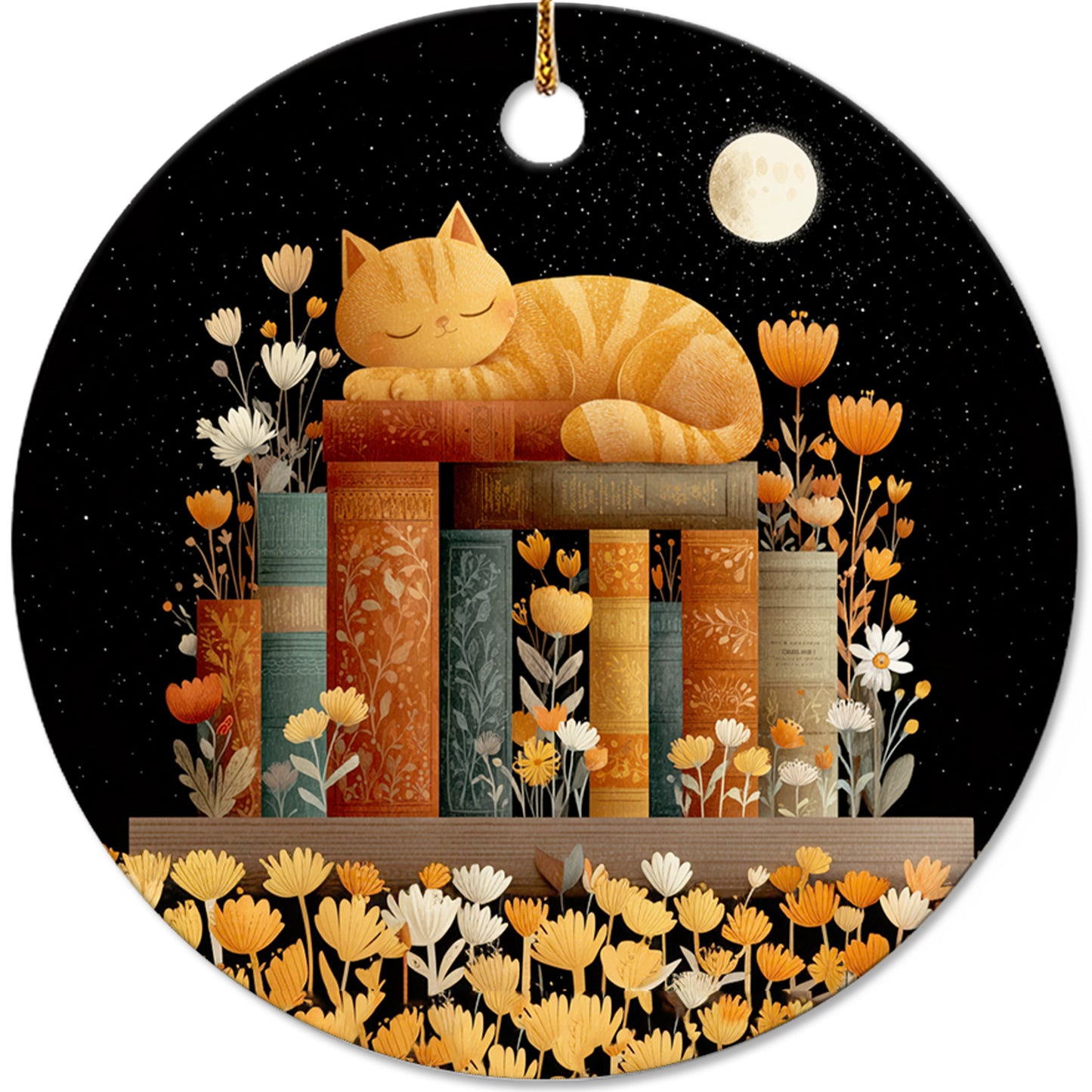 Netecom Cute Cat Sleeping on Books in Night Sky Ornament, Literary Cat Ceramic Ornament for Christmas Tree Hanging Decorations Gift, Book Lover Gifts for Librarian Teacher Bookworm