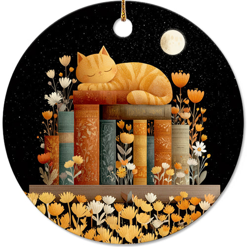 Netecom Cute Cat Sleeping on Books in Night Sky Ornament, Literary Cat Ceramic Ornament for Christmas Tree Hanging Decorations Gift, Book Lover Gifts for Librarian Teacher Bookworm