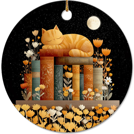 Netecom Cute Cat Sleeping on Books in Night Sky Ornament, Literary Cat Ceramic Ornament for Christmas Tree Hanging Decorations Gift, Book Lover Gifts for Librarian Teacher Bookworm