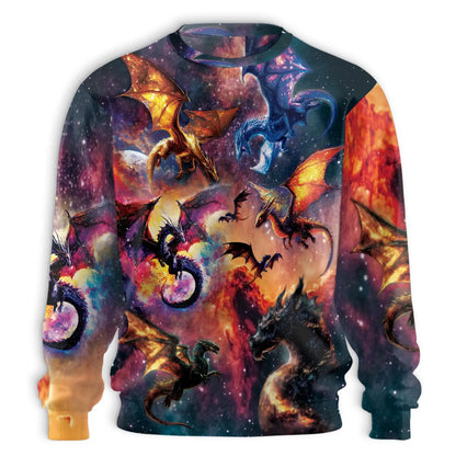 Colorful Mythical Dragons Nebula Sweatshirt, 3D All Over Print Fantasy Galaxy Dragon Crewneck Pullover for Men Women, Dragon Lover Gift - Netecom